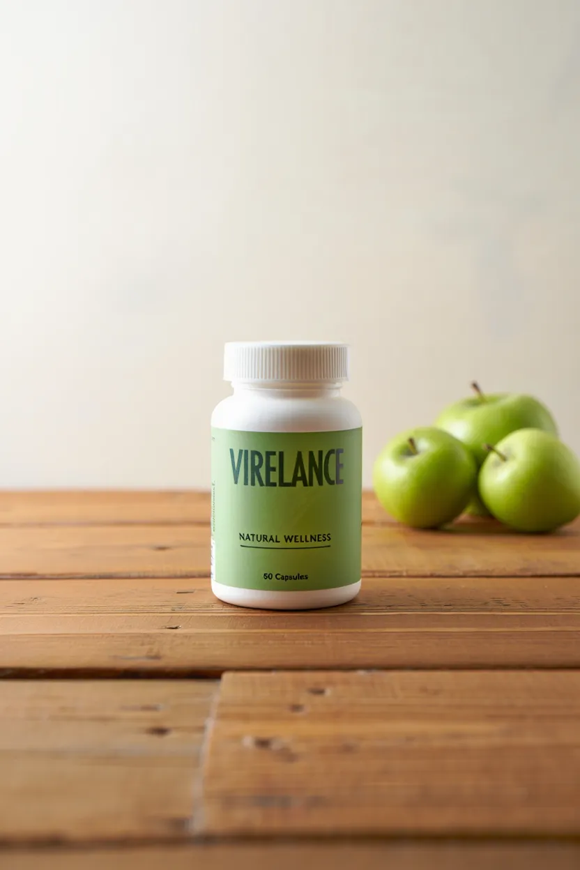 Virelance supplement bottle with natural green label design